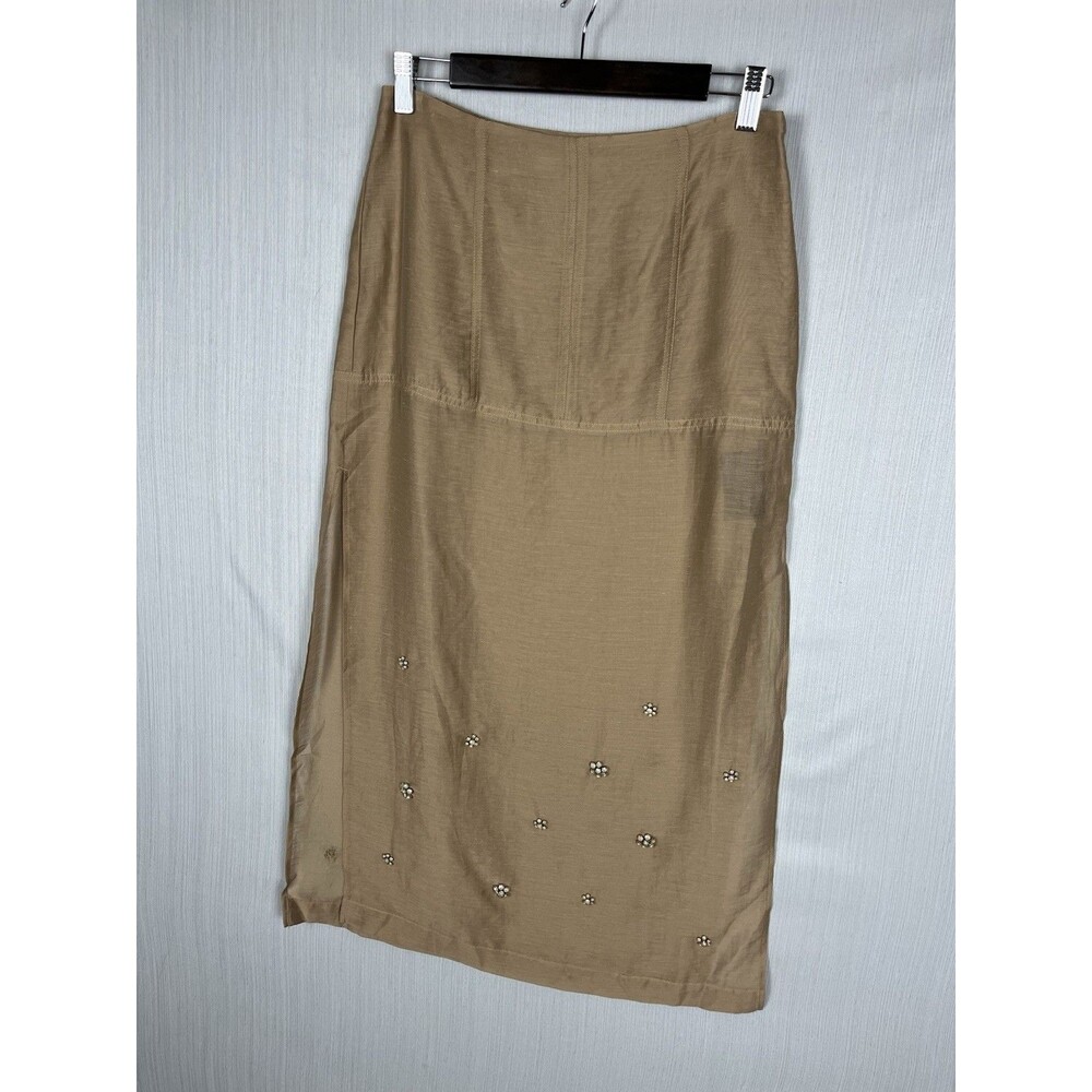 H&M Edition Sz 6 Beige Sheer Midi Pencil Skirt‎ Beaded Floral Elevated Workwear